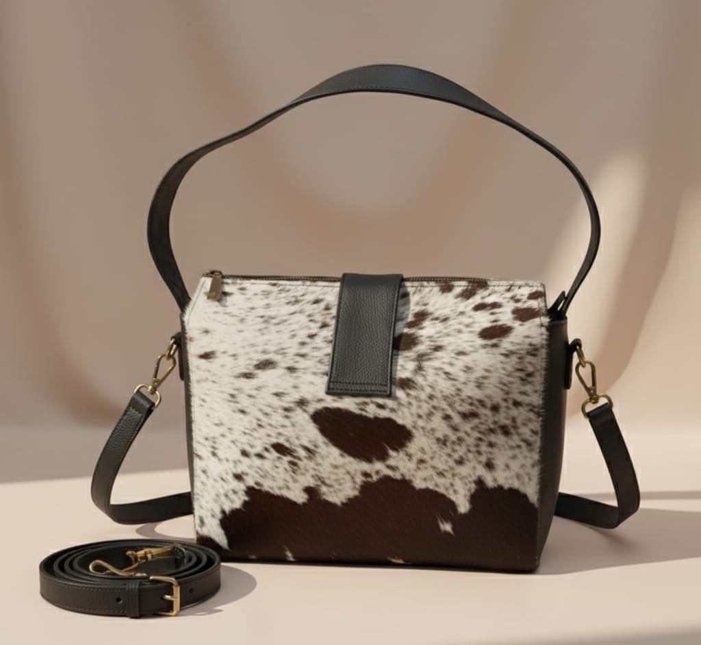 Black cowhide leather women handbag