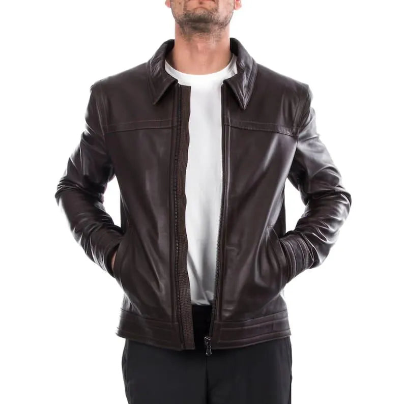 Handmade Cow Leather Bomber Jacket - Slim Fit Biker Moto