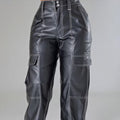 Handmade Black Cowhide Leather Cargo Pants - Women's White Thread Stitch Casual Trousers
