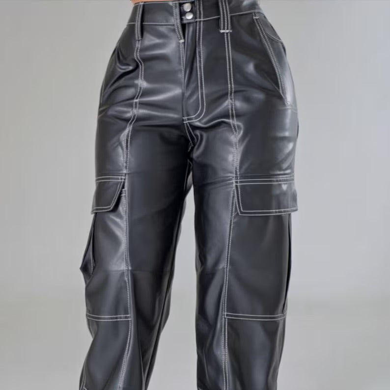 Handmade Black Cowhide Leather Cargo Pants - Women's White Thread Stitch Casual Trousers