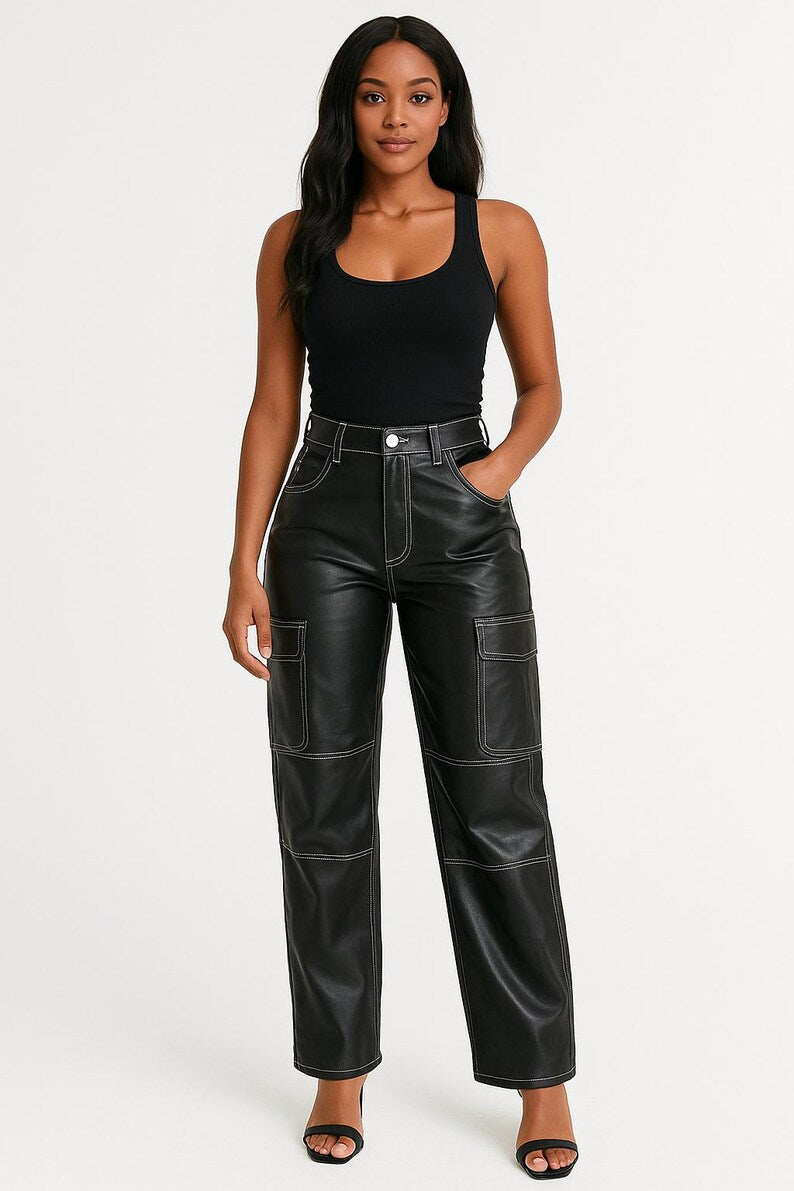 Handmade Black Cowhide Leather Cargo Pants - Women's White Thread Stitch Casual Trousers
