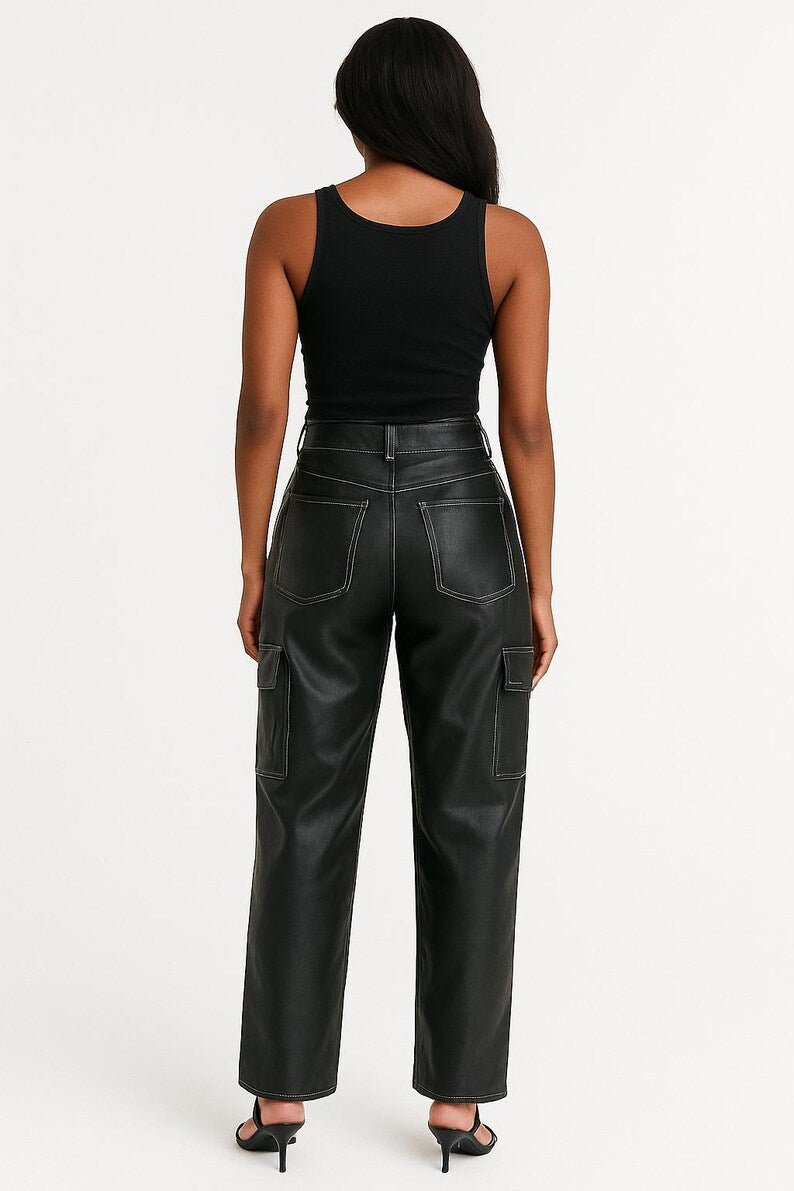 Handmade Black Cowhide Leather Cargo Pants - Women's White Thread Stitch Casual Trousers