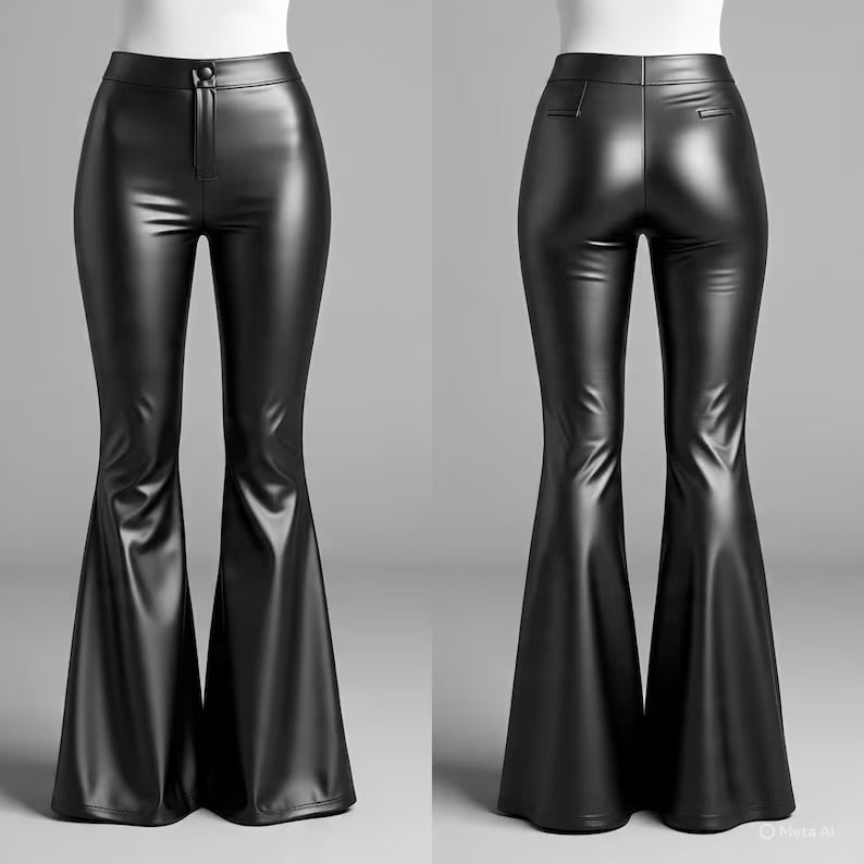 Bell Bottom Plain Leather Pants For Women Cow Leather