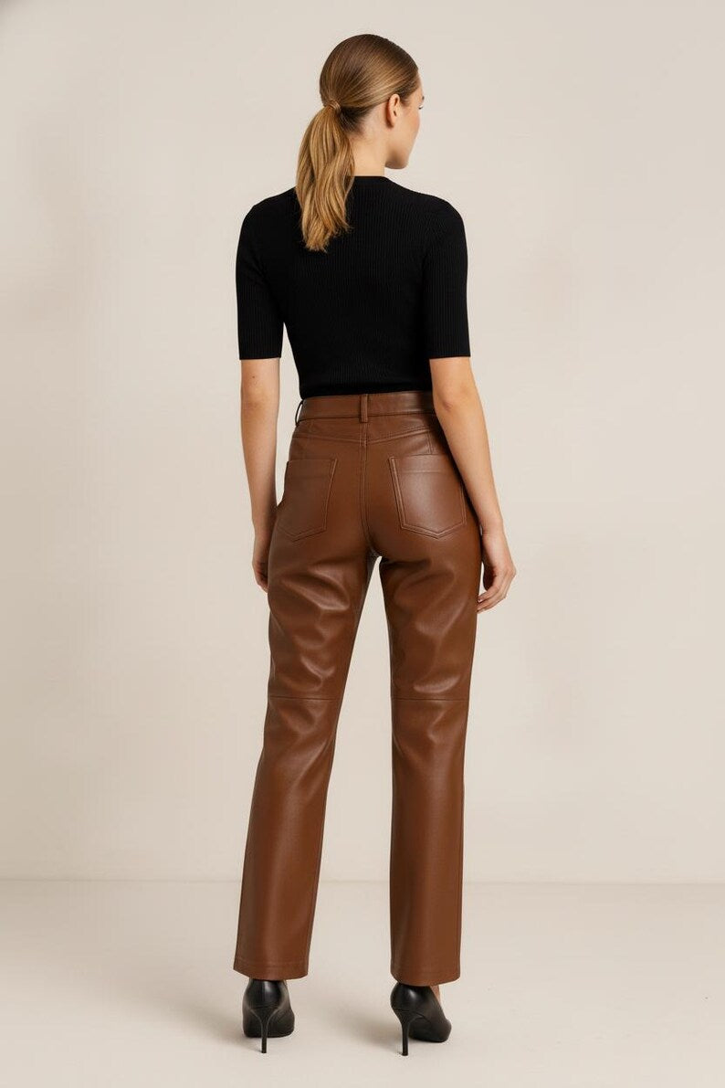 Vintage Dark Brown Leather Pants | Women's Slim Fit Cowhide Trousers