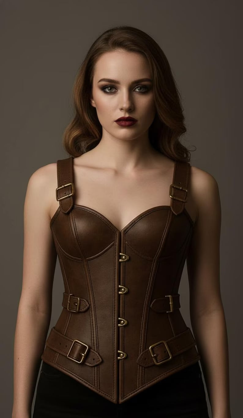 Handmade Brown Leather Underbust Corset | Gothic Steampunk Waist Trainer | Waist Cincher, Burlesque Style