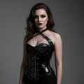 Handmade Black Leather Overbust Corset Top with Straps | Gothic Genuine Leather Bustier for Women