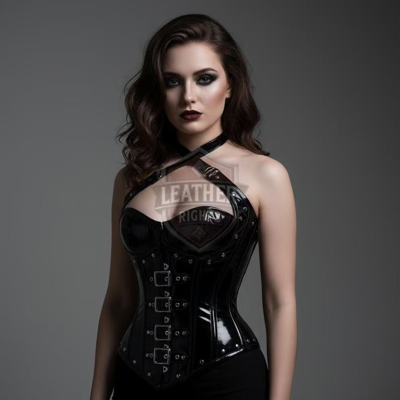 Handmade Black Leather Overbust Corset Top with Straps | Gothic Genuine Leather Bustier for Women