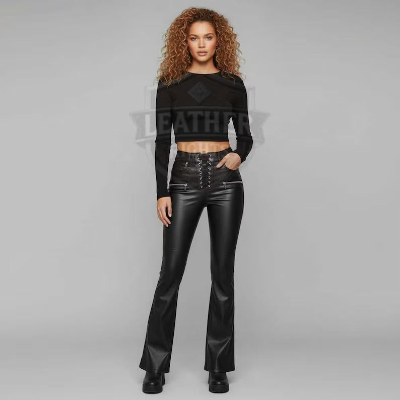 Handmade Black Cowhide Leather Flare Pants | High-Waist Lace-Up Trousers