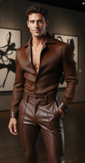 Handmade Hair-on Brown Cowhide Leather Shirt & Pants Set