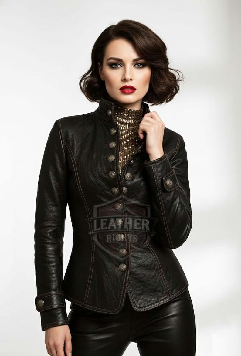 Handmade Women's Cowhide Leather Jacket | Vintage Steampunk Military Coat