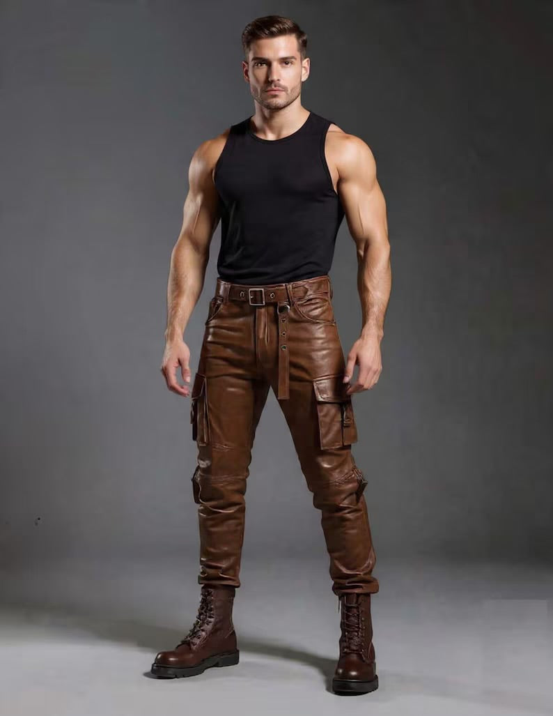 Handmade Brown Leather Cargo Pants | Slim Fit Biker Streetwear | Genuine Cowhide | Vintage Utility Trousers