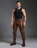 Handmade Brown Leather Cargo Pants | Slim Fit Biker Streetwear | Genuine Cowhide | Vintage Utility Trousers