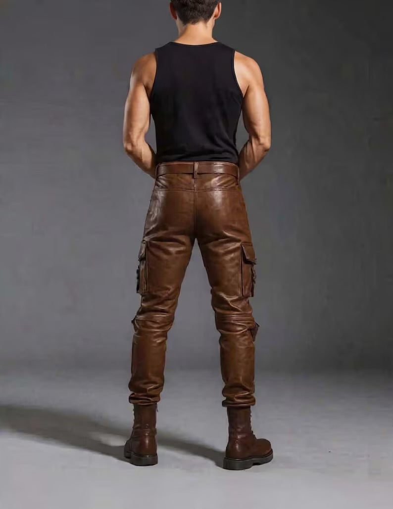 Handmade Brown Leather Cargo Pants | Slim Fit Biker Streetwear | Genuine Cowhide | Vintage Utility Trousers