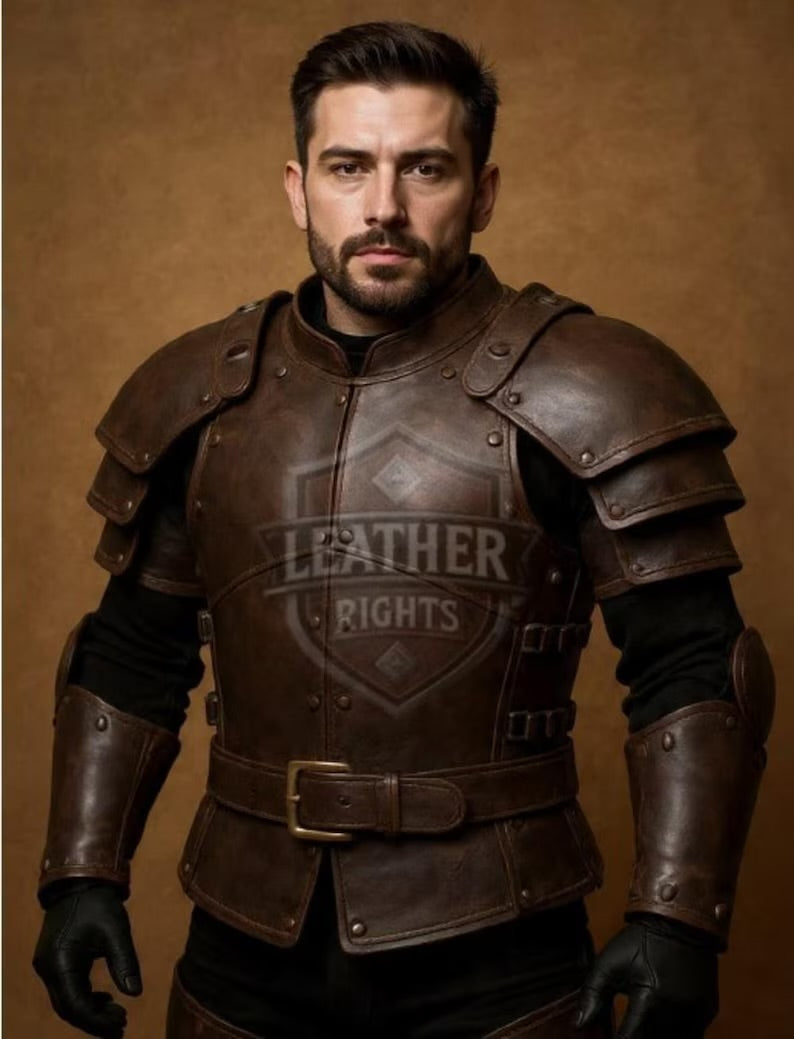 Men’s Cowhide Armor| Handmade Medieval Warrior Chest & Shoulder| LARP Cosplay Outfit | Brown