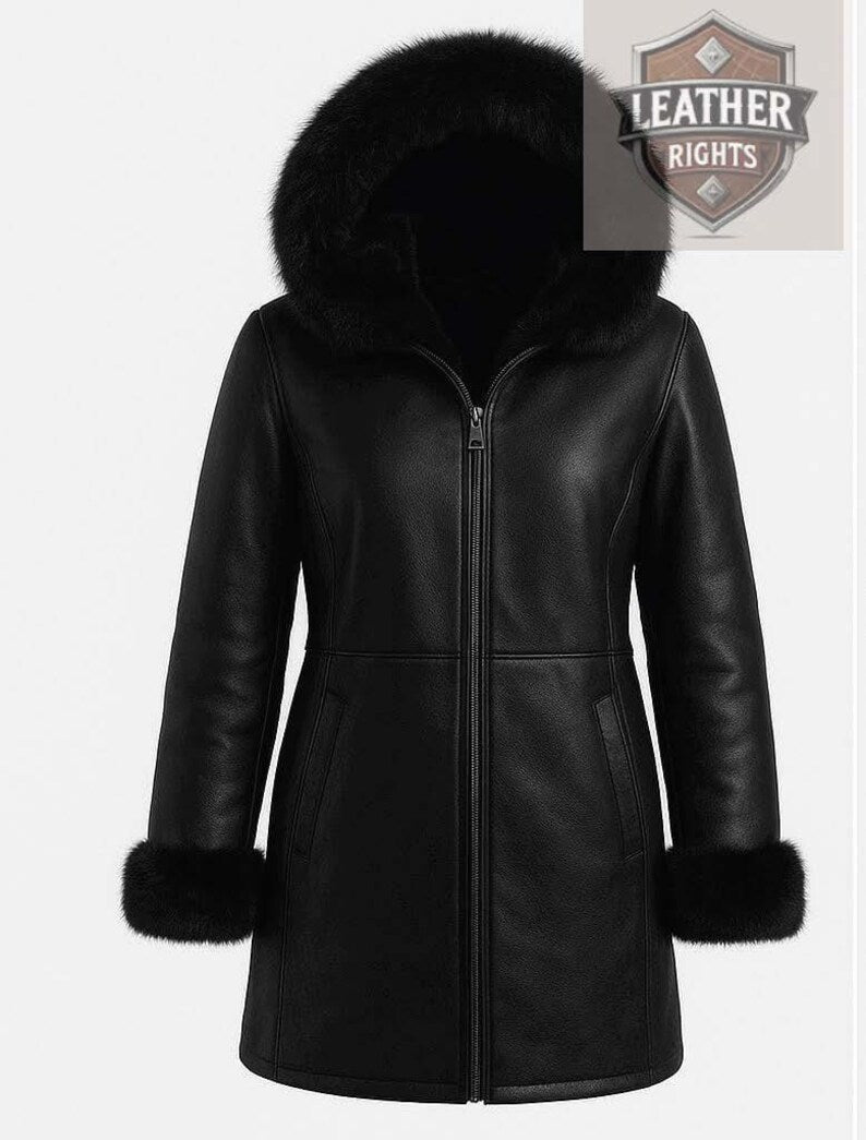 Black Cowhide Leather Fur Coat | Handmade Long Trench Outerwear