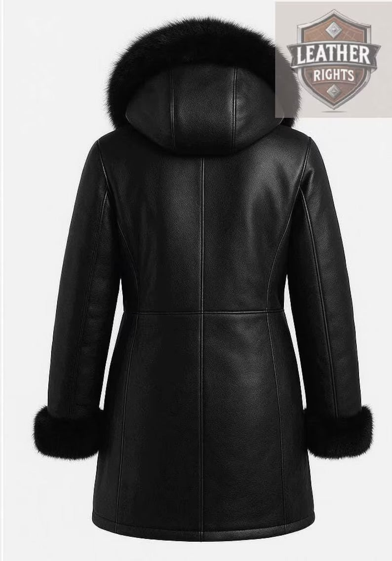 Black Cowhide Leather Fur Coat | Handmade Long Trench Outerwear