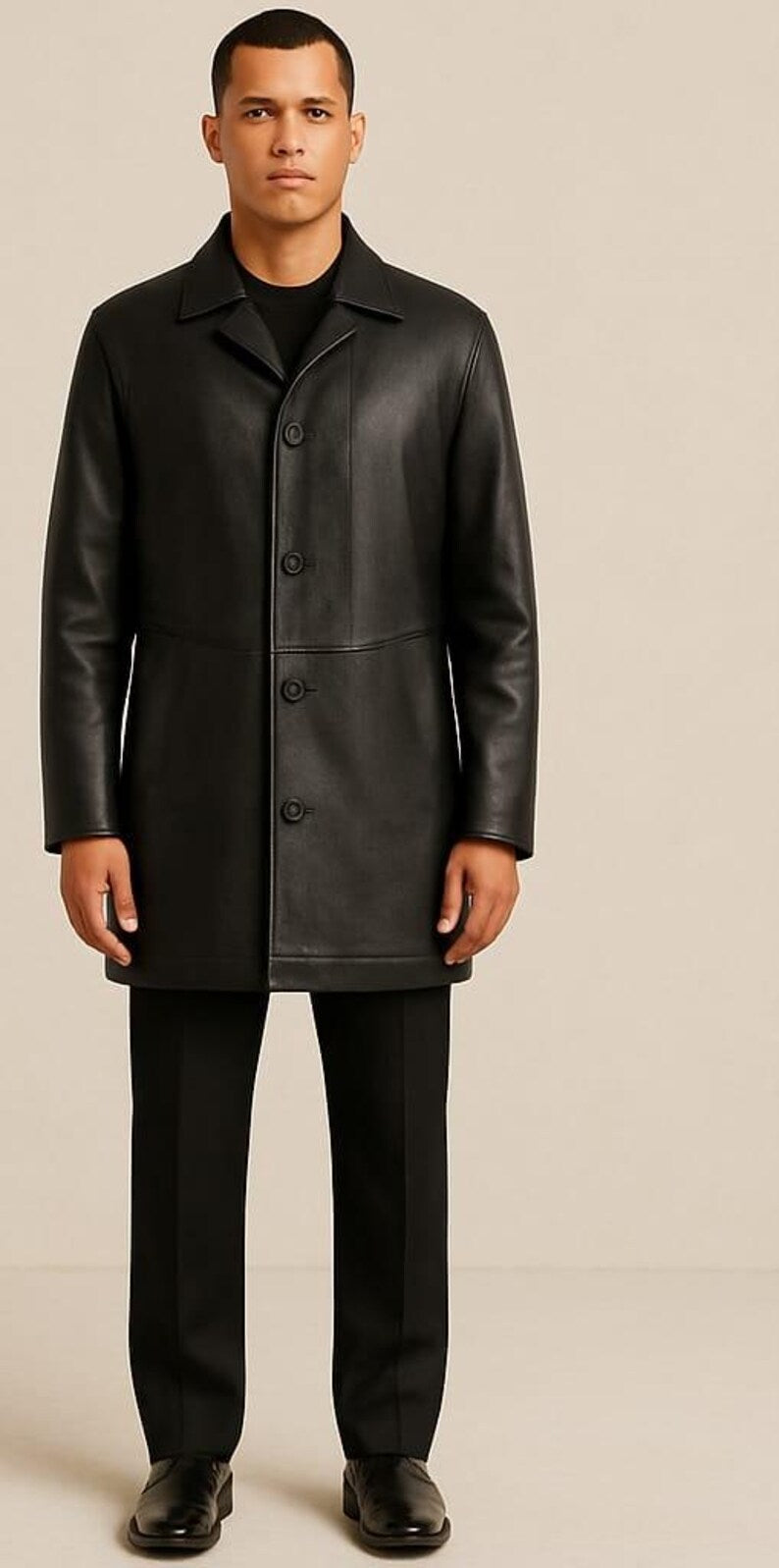 Handmade Cowhide Leather Overcoat | Men's Black Trench Coat