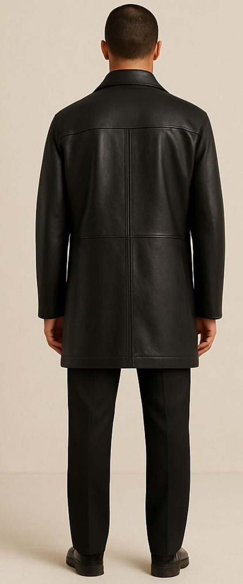 Handmade Cowhide Leather Overcoat | Men's Black Trench Coat